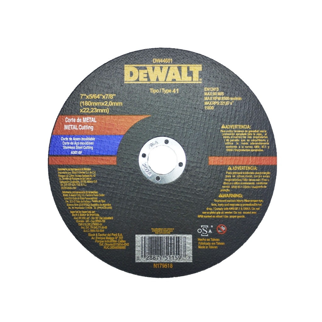 DEWALT DISCO CORTE 7"x5/64x7/8 2mm LISO FINO